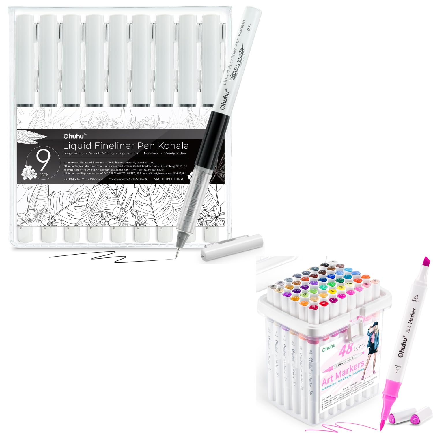 Ohuhu Fineliner Pens 9 Pack Black Ink Quick-drying Alcohol Markers Brush& Chisel Tips 48 Colors