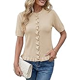 Saodimallsu Womens Ruffle Cardigan Puff Short Sleeve Cute Summer Button Down Lightweight Soft Knit Crewneck Sweater Tops