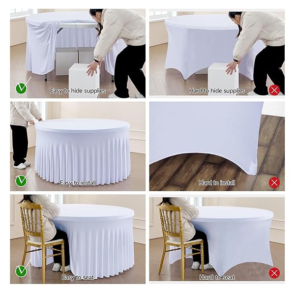 LEEGLERI 6 PACK SPANDEX WHITE ROUND TABLECLOTHS FOR 72IN TABLE, STRETCHY 132INCH FITTED 6FT ROUND TABLE CLOTHS, WRINKLE FREE TABLE COVER WITH SKIRT FOR WEDDING BIRTHDAY PARTY BRIDAL SHOWER BANQUET