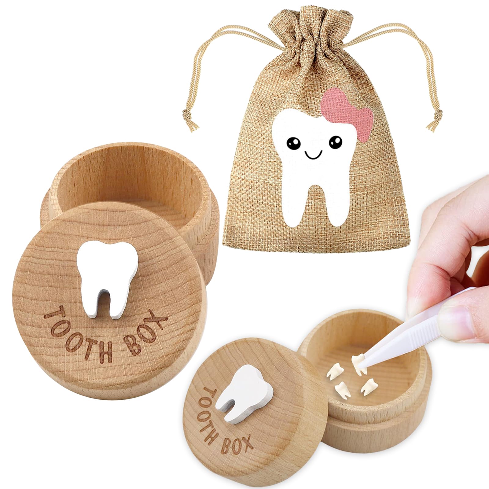 STSAIL 3D Carved Tooth Fairy Box With Bag - Wooden Keepsake Holder for Kids' Lost Teeth - Toddler Gift