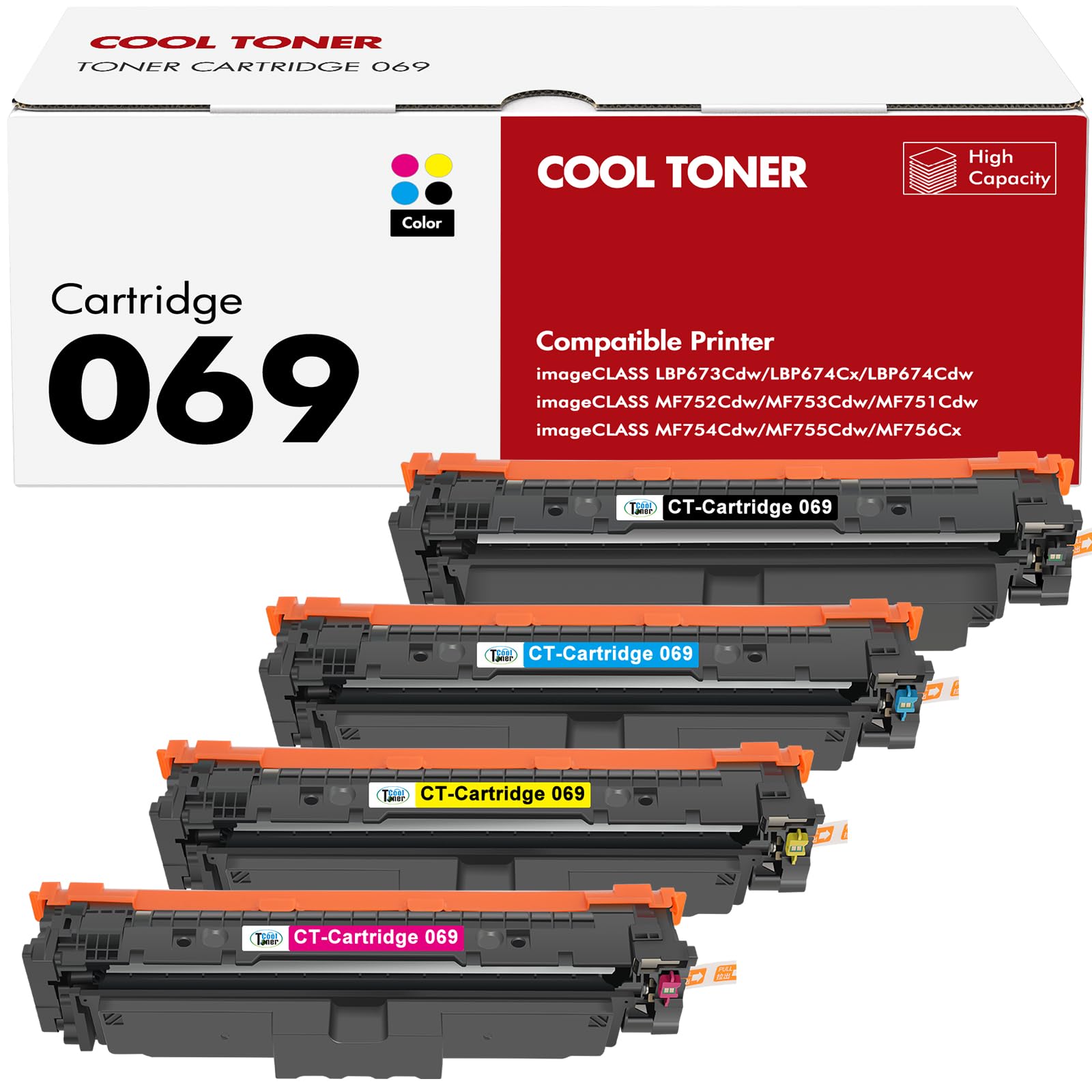 Photo 1 of **It's used, it's missing a part, and it's not known if it works 100%.**069 Toner Cartridge Set 069H MF753Cdw Compatible Replacement for Canon 069 Toner Cartridge Set for Canon imageCLASS MF 753Cdw MF751Cdw MF752Cdw LBP674Cdw LBP674Cx LBP673Cdw (B/C/Y/M,