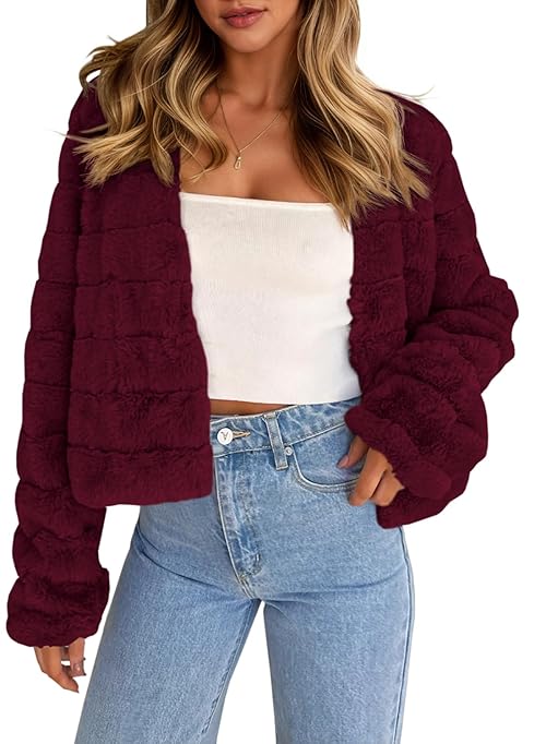 Fisoew Womens Cropped Faux Fur Jackets Long Sleeve Open Front Fluffy Short Coats