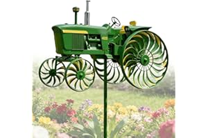 Green Tractor Wind Spinner Garden Stake - Rotating Wheels Windmill Yard Decor, Unique Outdoor Sculpture for Patio Lawn Front 