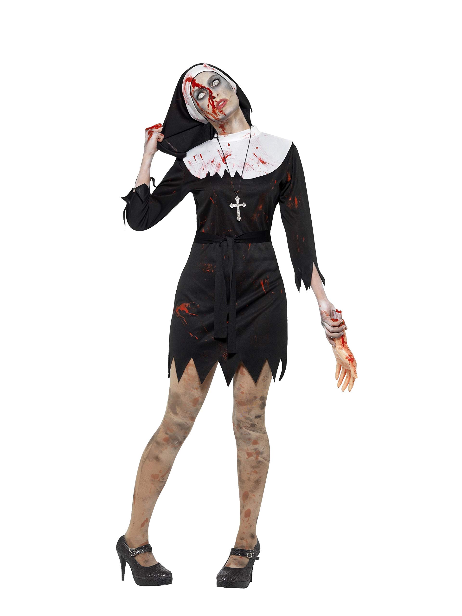 Smiffys Zombie Sister Costume for Women, Black Horror Nun Outfit Dress, Belt Headpiece, Scary Undead Religious Fancy Dress Adults, Halloween, Horror Parties Zombie Themed Events, Small