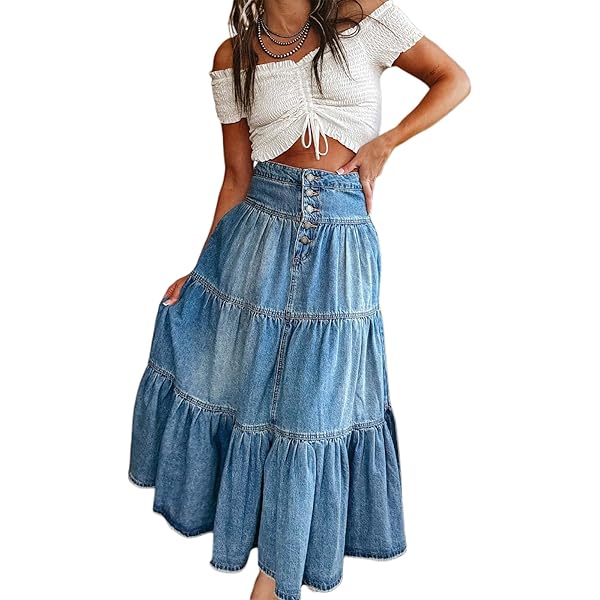 Beeuthios Women's Denim Maxi Skirt High Waist Button Up Jean