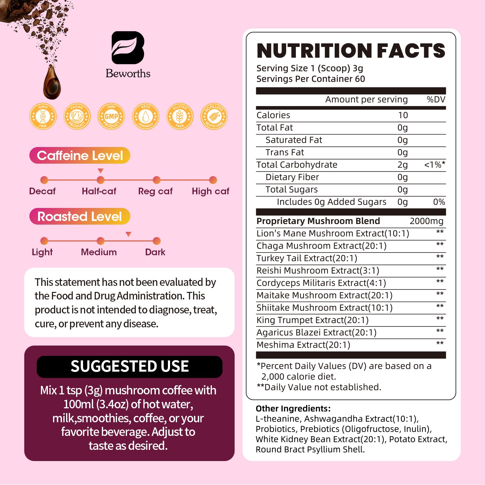 B BEWORTHS Mushroom Coffee, Slim Mushrooms Coffee Powder with Ashwagandha, Lion's Mane, Reishi, Prebiotics, L-theanine, Chaga, Turkey Tail, Mixed Arabica Instant Coffee for Focus, Immune & Digestive