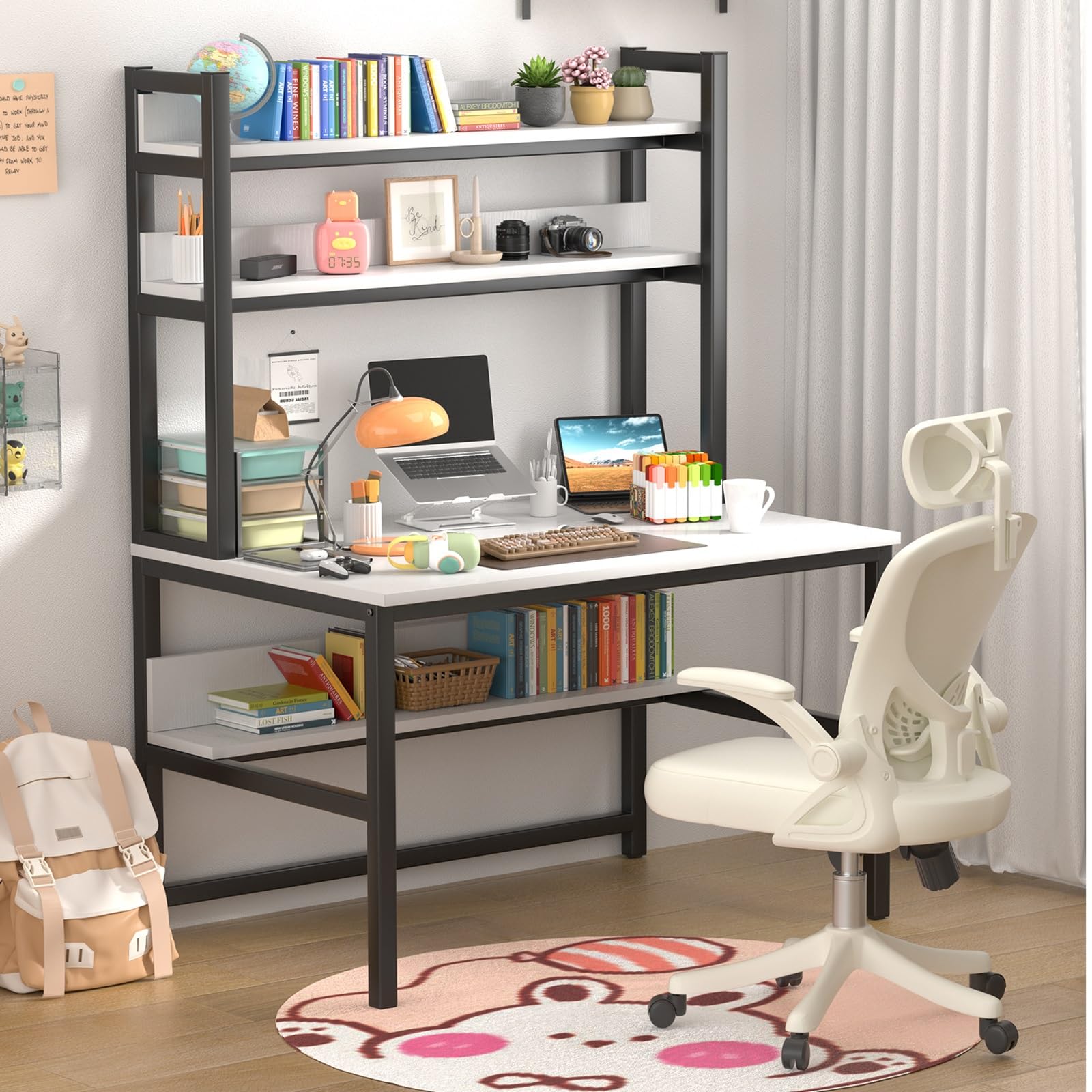 Photo 1 of Aquzee Computer Desk with Shelves, 47" W x 23.6" D Gaming Desk with Hutch and Bookshelf, White Study Table for Bedroom Space Saving with 3 Tier Storage Shelf, Home Office Desk for Writing Work