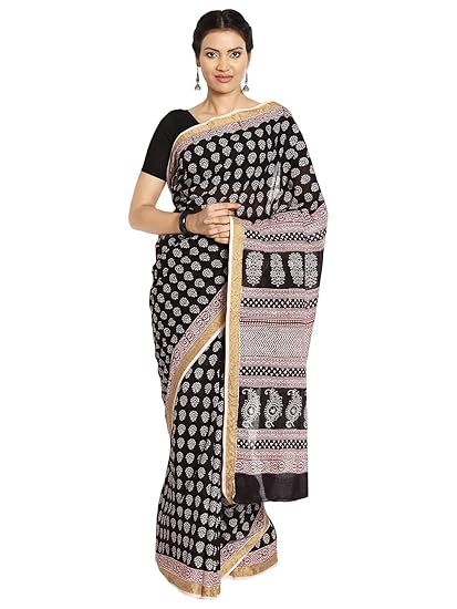 Finest Quality Cotton - Handmade Maroon and Black Booti with Zari border - Bagh Block Print Saree with Blouse Piece