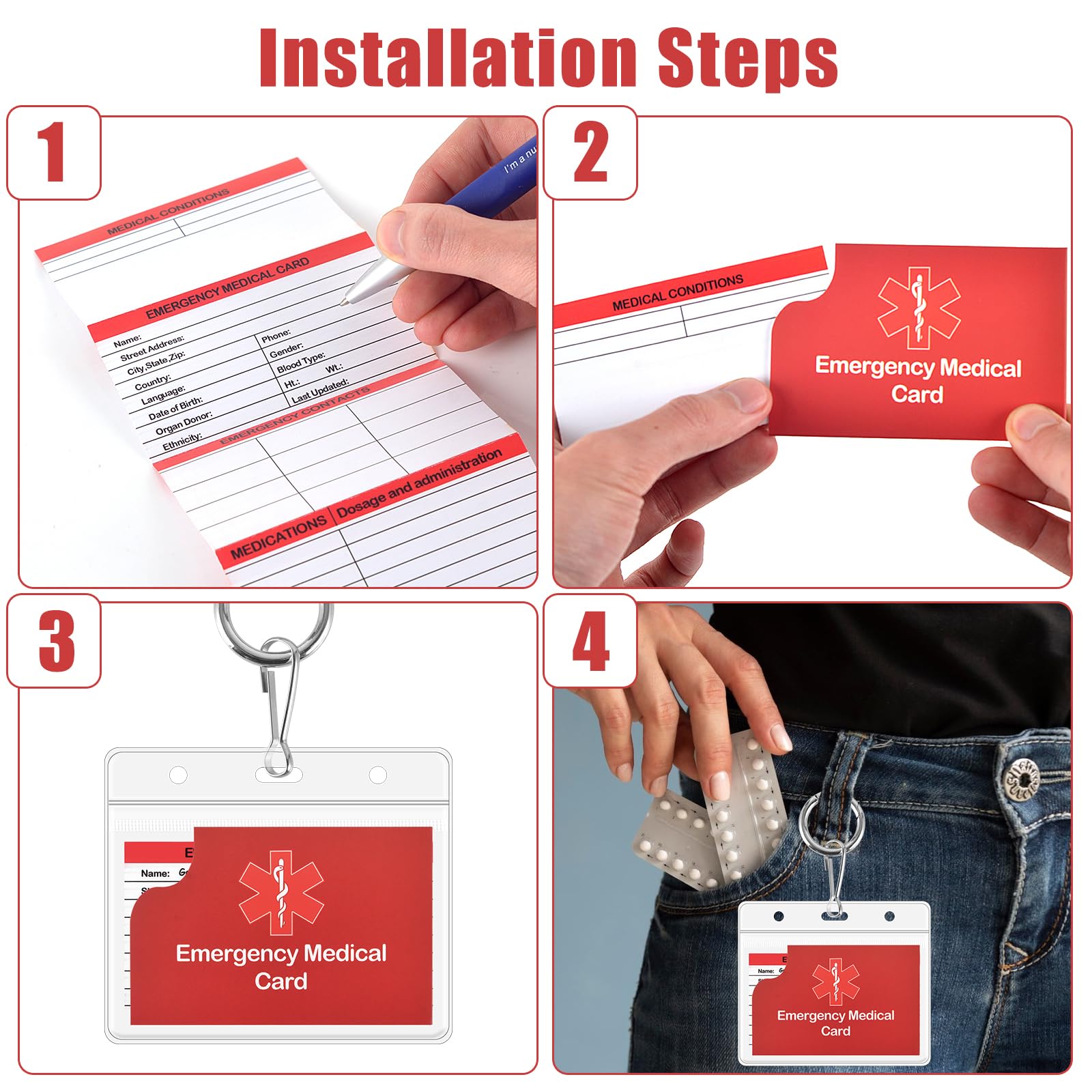 4 Pack Medical Alert Keychain Emergency Medical Information Id Card Emergency Contact Card Wallet with Resealable Badge Holder for Caretakers (Red Keychain)