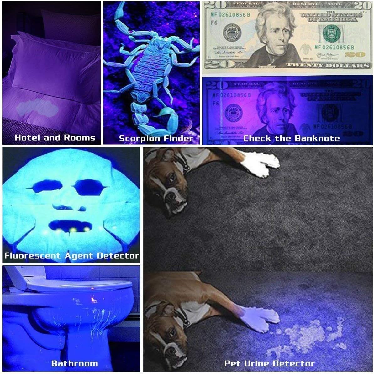 UltraFire UV Flashlight 395-405 nm Led Blacklight with 18650 battery and charger for curing UV glue, Leak Detector, Pet Urine Stain - - 