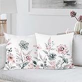 Bonhause Watercolor Floral Throw Pillow Covers 18 x 18 Inch Grey Pink Flowers Abstract Modern Decorative Pillow Cases for Couch Sofa Bed Home Garden Patio Decor Set of 2