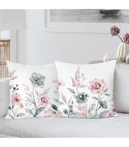 Juego De 2 Fundas De Almohada De Flores De Acuarela Primaveral, 18 X 18 Pulgadas, Paquete De 2 Fundas De Almohada Cuadradas De Algodón Con Flores Y Hojas Y Mariposas Para