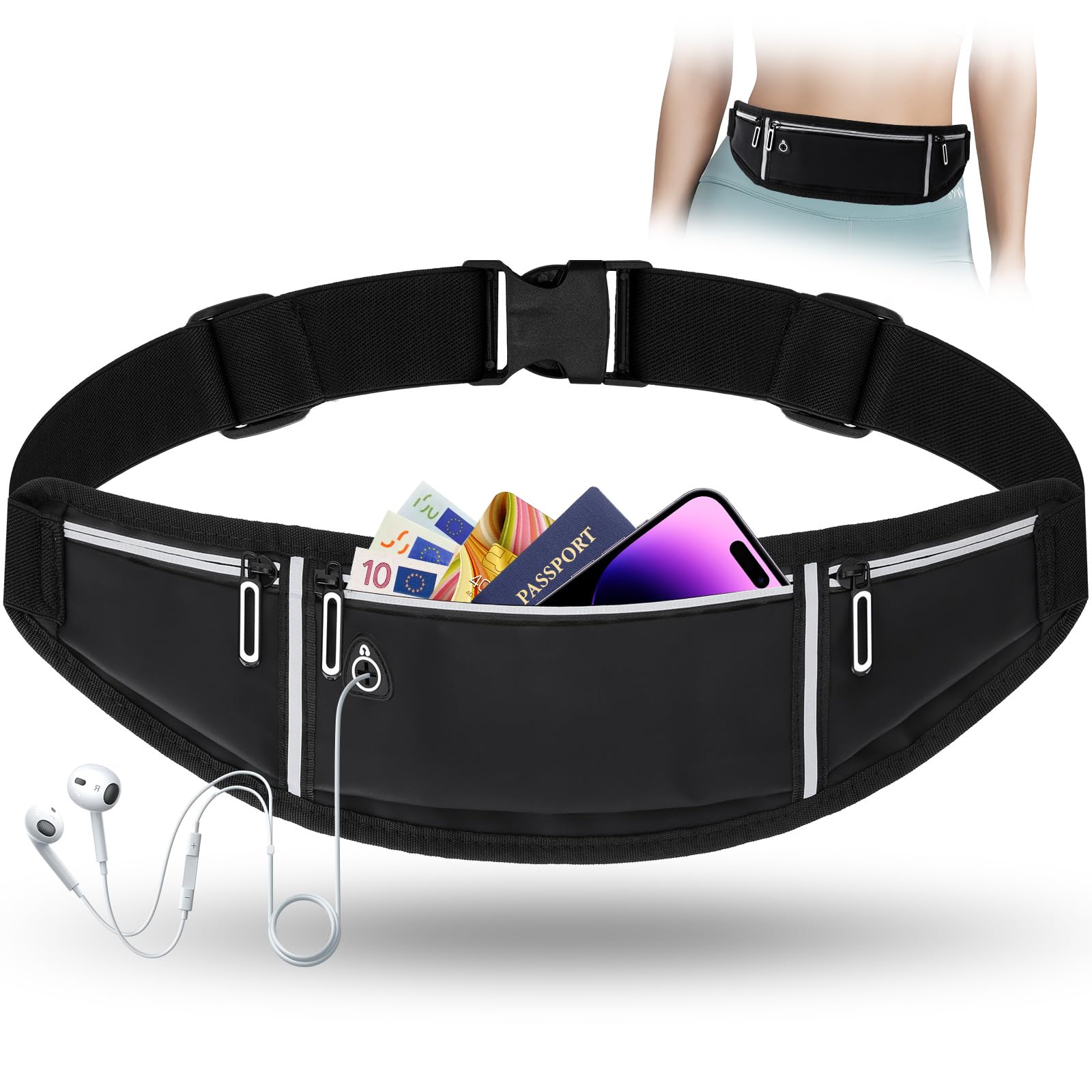 Alyvisun Running Belt, Adjustable Elastic Strap Waistpacks Waterproof Fitness Money Belt Large Capacity Running Bum Bag for Workouts, Exercise, Cycling, Walking, Travel & Outdoor Activities