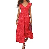 MASCOMODA Womens Summer Maxi Dress Casual V Neck Cap Sleeve Smocked Dresses Ruffle Tiered Beach Party Long Flowy Sundresses