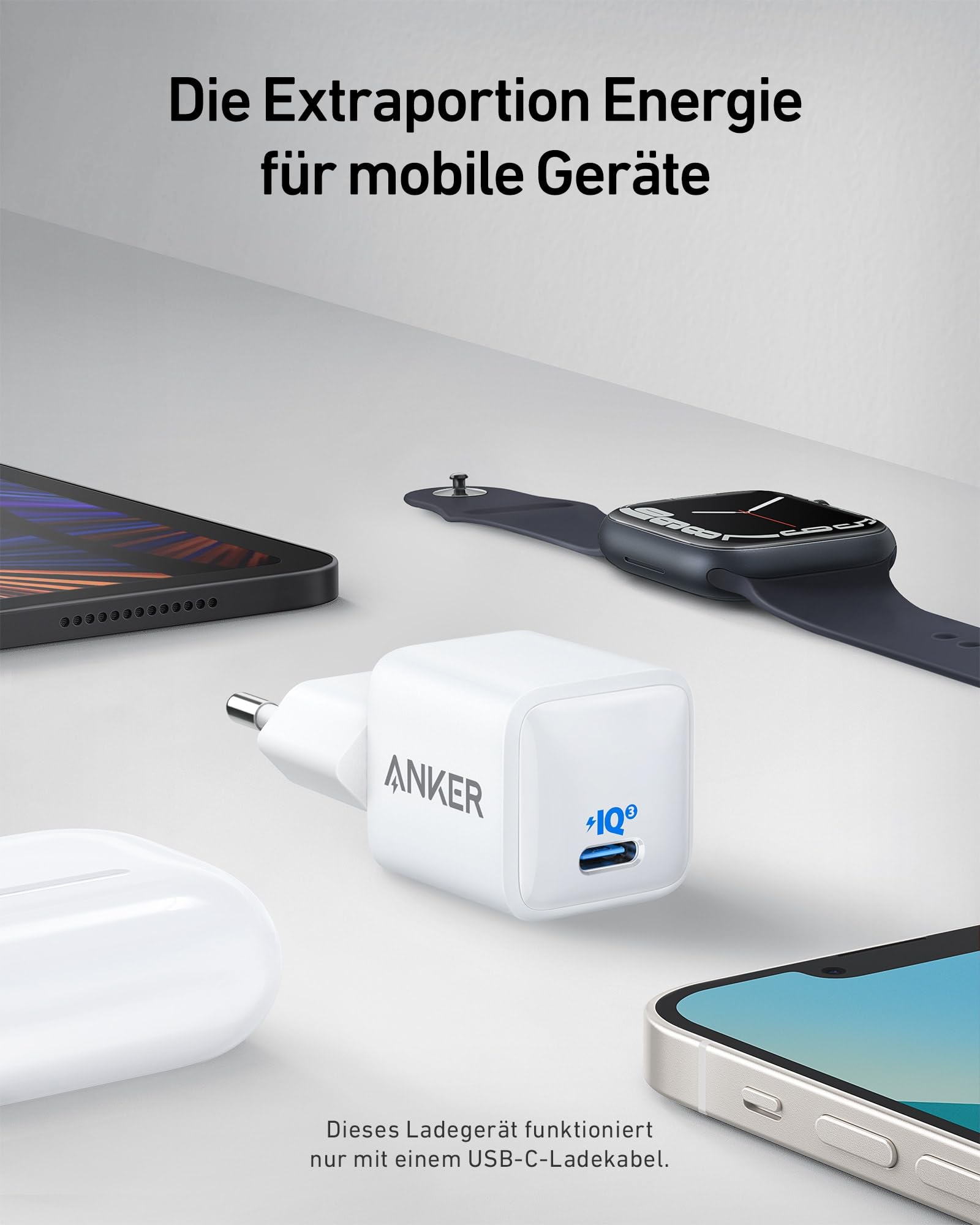 USB C Ladegerät 20W, Anker 511 Ladegerät (Nano), PIQ 3.0 robustes kompaktes Schnellladegerät mit 180cm USB C Kabel, für iPhone 16 / 15 / iPad Pro 5