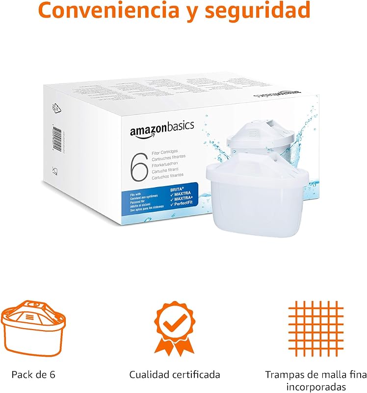 Cartuchos filtrantes de Agua, 6 Unidad, Paquete de 1, Aptos y compatibles con Todas Las jarras BRITA Incl. PerfectFit & Jarras Amazon Basic