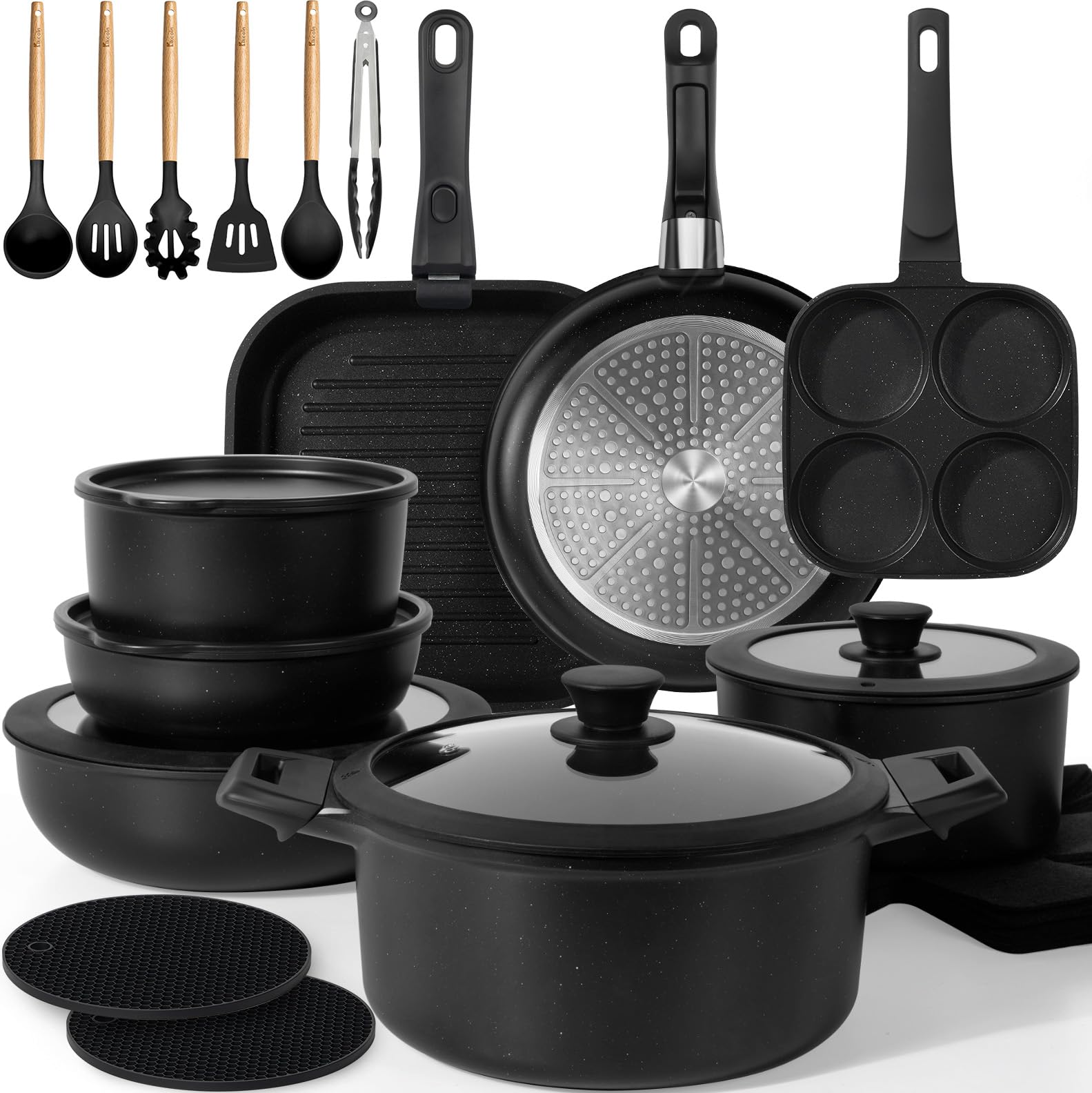 KIKCOIN Pots and Pans Set, 30 Pack Nonstick Cookware Set Detachable Handle, Induction RV Kitchen Cooking Set with Removable Handle, Frying Pans, Casserole - Dishwasher/Oven Safe, PFOA Free Image KIKCOIN Pots and Pans Set, 30 Pack Nonstick Cookware Set Detachable Handle, Induction RV Kitchen Cooking Set with Removable Handle, Frying Pans, Casserole - Dishwasher/Oven Safe, PFOA Free Image