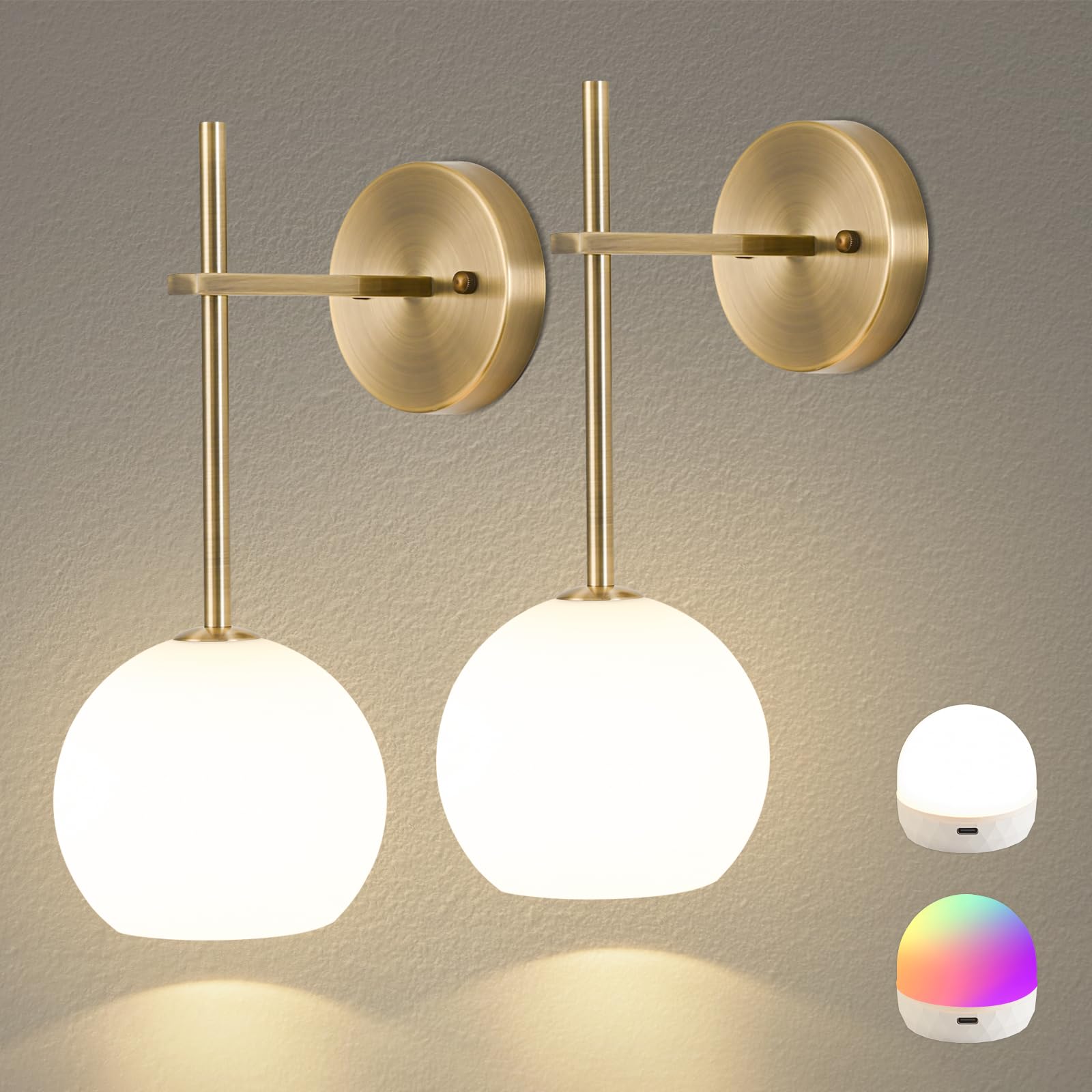 Photo 1 of Brass Battery Operated Wall Sconces Set of 2, Rechargeable Wireless Wall Lights with Milky White Frosted Glass, 12 RGB and 3CCT Dimmable, Wall Lamps with Remote for Bedroom Living Room Hallway