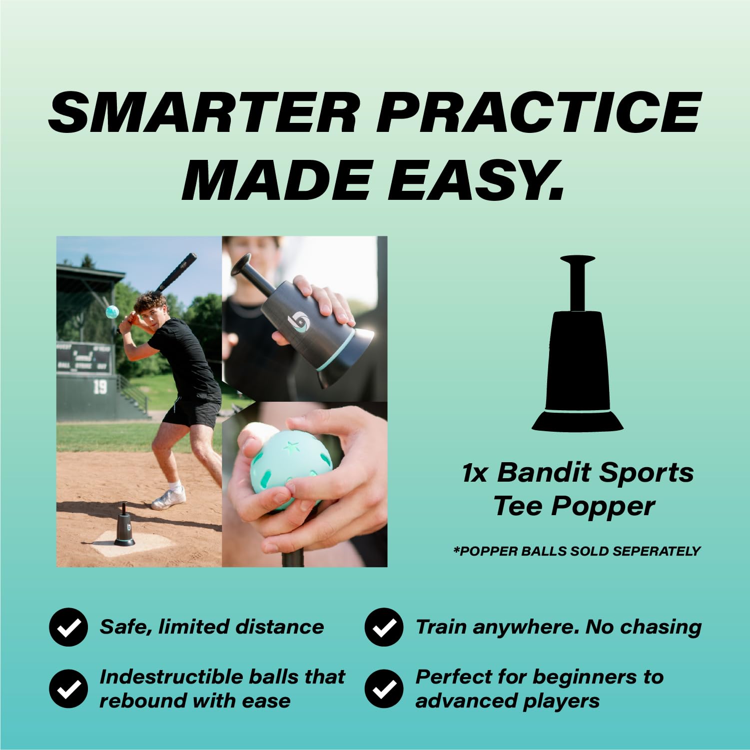 Bandit Sports Tee Popper, Durable Nylon Strength for Long-Lasting Hitting, Batting Tee for Perfect Swings, Baseball Training for Practicing Hitting Without a Pitcher (Ball not Included)