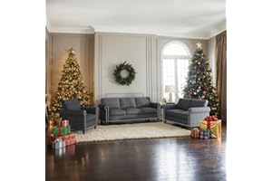 MUZZ 3PCS Sofa Set for Living Room,Modern Linen Couch Set with Nailhead Trim Design, Living Room Furniture Set for Office,Apartment, Home(Sofa & Loveseat & Chair/Dark Grey)