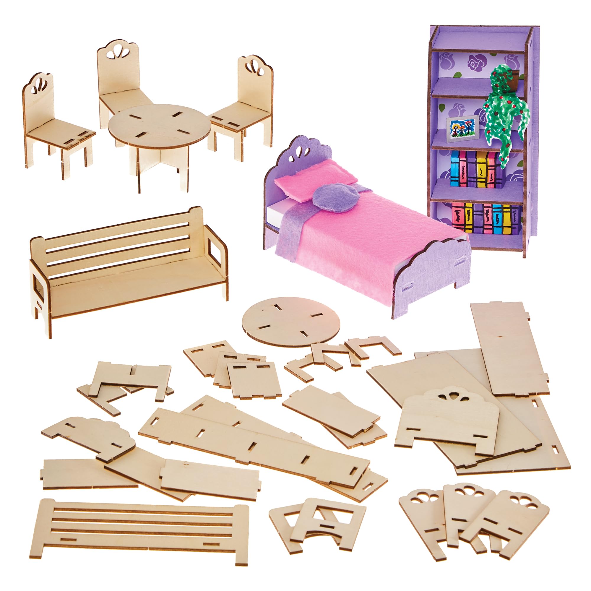 Baker Ross FN272 Build Your Own Dolls House Furniture - Pack of 7 pieces, Kids Dolls House Kit, Mini Furniture Kit