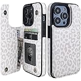 HAOPINSH for iPhone 14 Pro Wallet Case with Card Holder, White Leopard Cheetah Pattern Back Flip Folio PU Leather Kickstand Card Slots Case for Women Girls, Double Magnetic Clasp Cover 6.1"