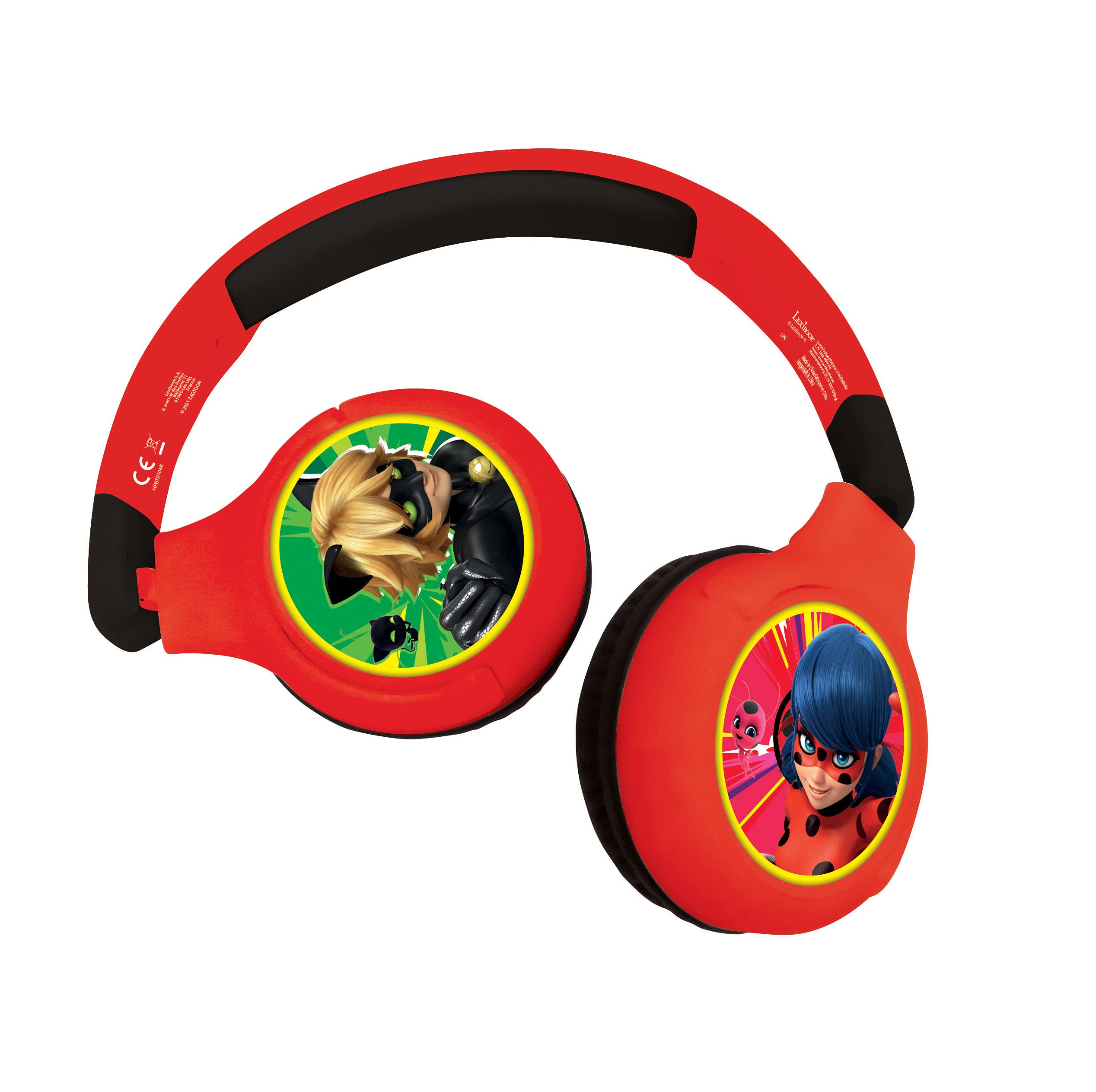 LEXIBOOK Miraculous Ladybug Cat Noir, 2-in-1 Bluetooth Headphones for Kids, Stereo Wireless Wired, Kids safe, Foldable, Adjustable, HPBT010MI