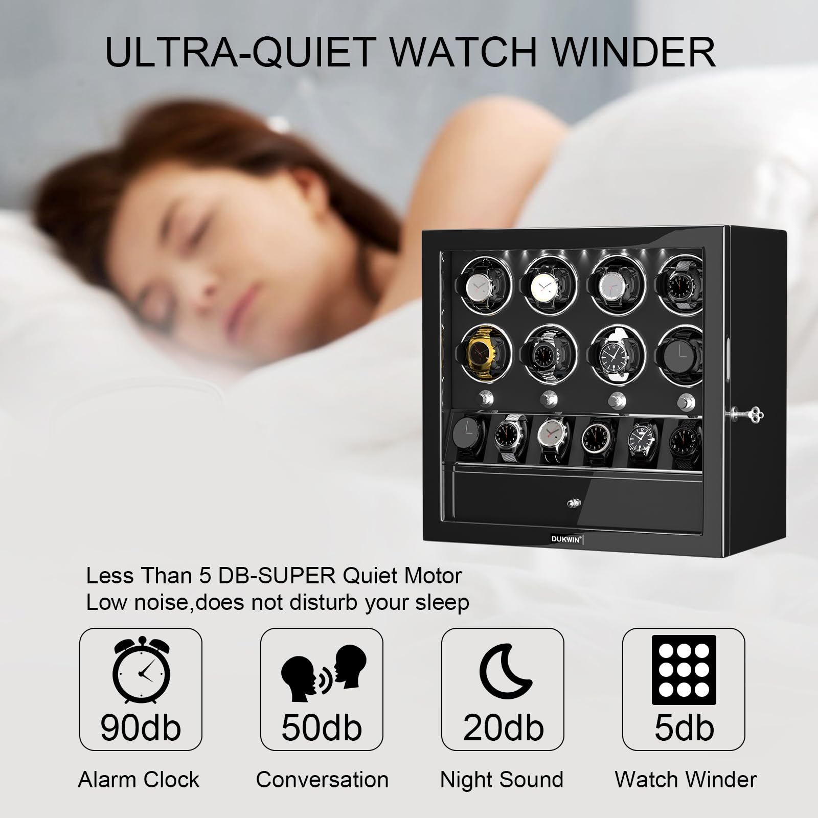 DUKWIN Watch Winder for 4/6/8 Automatic Watches, Lockable Winders with Watch Holders and Jewelry Storage, Super Quiet Motor with High-Gloss Finish, Built-in Illumination