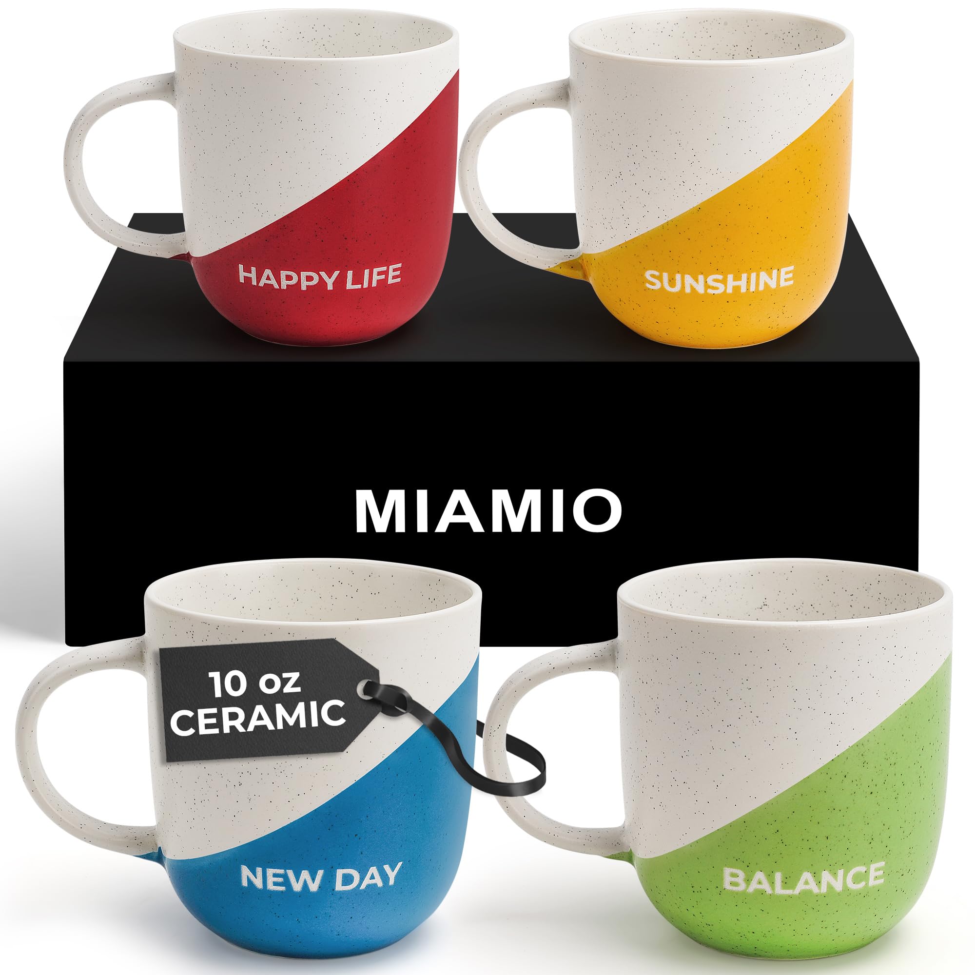 MIAMIO - Coffee Mug Set of 4 x 300 ml/Inspirational Coffee Cups with Sayings/Gifts for Wife, Husband, Women, Men, Family, Friends/Microwave and Dishwasher Safe (Happy Life)