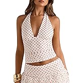Fhykiss Polka Dot Top Mesh Halter Crop Tank Top Deep V Neck Tie Backless Sexy Going Out Tops for Women Party Club Y2K