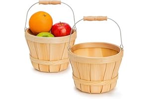 ZILAMGOO 2-Pack Apple Baskets Wooden Bushel Style – Handwoven Round Wood Fruit Baskets with Metal Handle – Rustic Farmhouse Bucket for Produce, Harvest, Holiday Display & Gifting