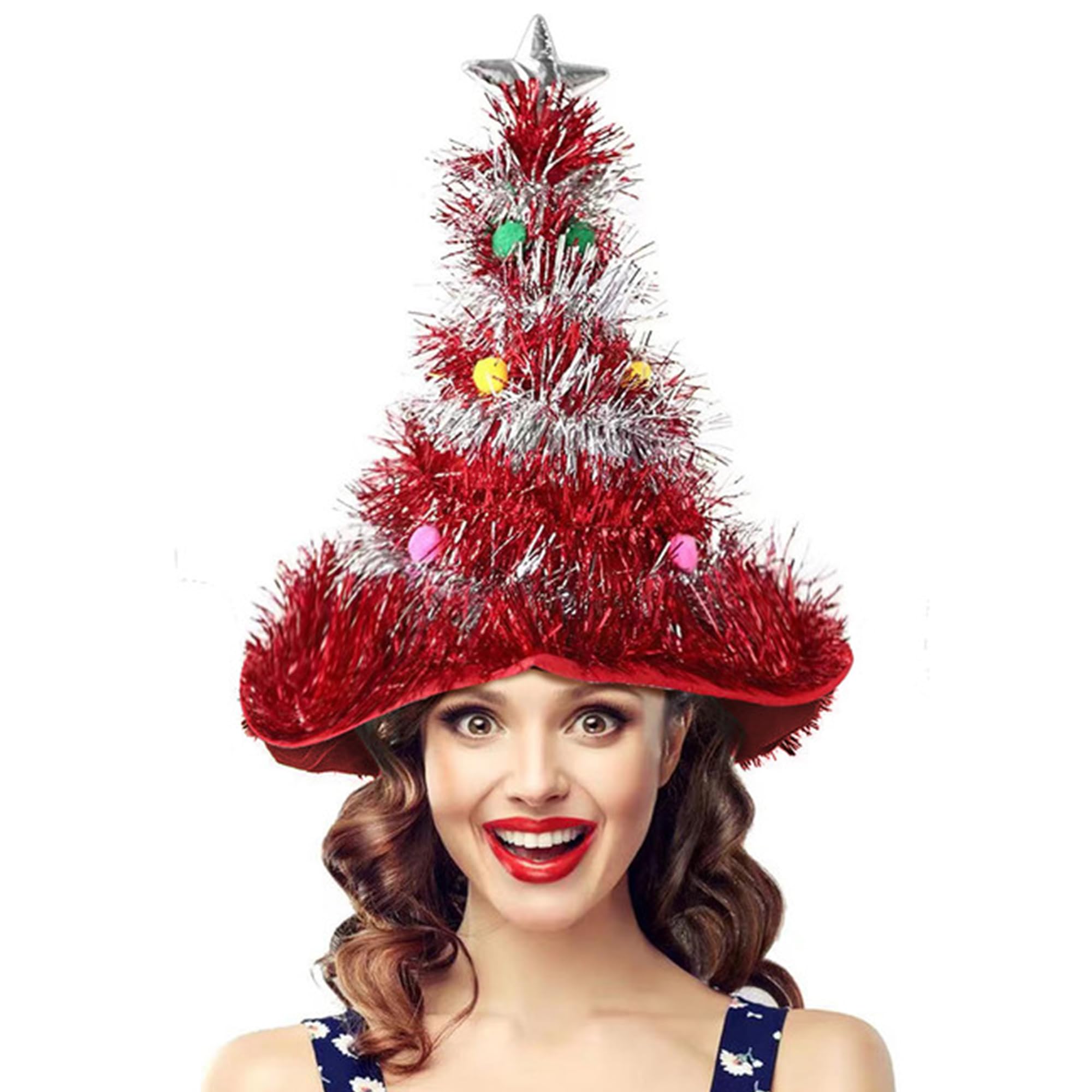 JIAMIAN Christmas Tree Hat, Santa Headgear, Adult Green Gold Sequin, with Star Novelty Fun Xmas Party Silly Headgear, Santa Party Fancy Witch Hat Holiday Decorations (red)
