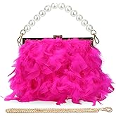 GOKTOW Feather Clutches Purses for Women Bag，Pearl Fluffy Evening Handbags for Wedding Anniversary Party