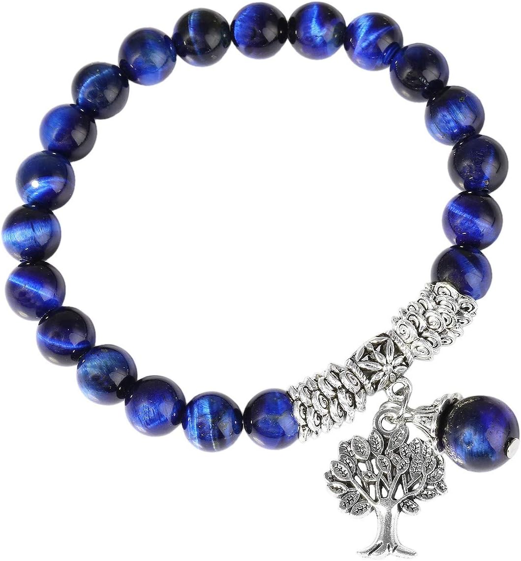 SUNYIKHandmade Round Stone Tree of Life Stretch Bracelet for Women Men, 7" Strand