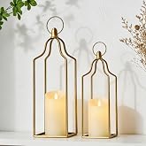 Rustic Farmhouse Decor Metal Lantern Set of 2 Decorative Lanterns for Home Indoor Outdoor Living Room, Fireplace, Patio, Wedding &amp; Kitchen Table Centerpieces (Glod, 14.5" 12.2")