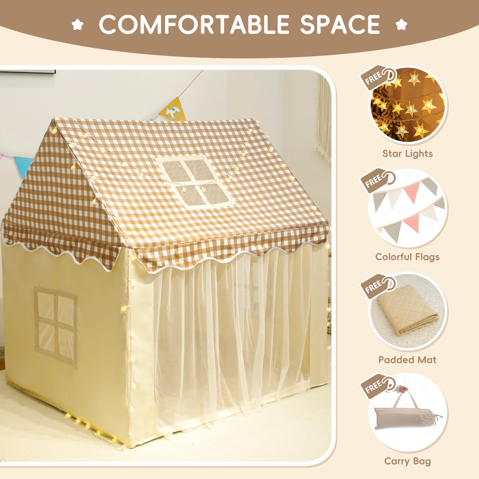 RONGFA Playhouse for Indoor & Outdoor, with Star Light, Flags and Carry Bag, Washable Kids Tent for Girls & Boys (Lattice Top)