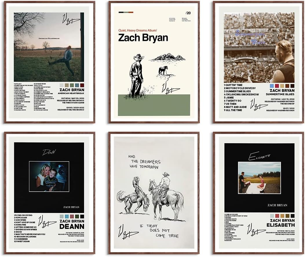 Wall Décor - Usspo Zach Bryan Music Album Cover Poster Print Canvas Wall Art Limited Signed Deann Poster Room Aesthetic Set of 6 Dorm Decor 8x10 inch Unframed