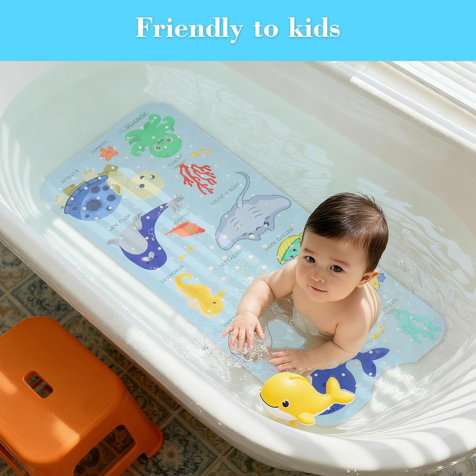 Secopad Bath Mat for Tub Non Slip, Machine Washable Anti-Slip Cartoon Baby Bathtub Shower Mat with Drain Holes and Suction Cups for Toddler & Kids, 40 Inch x 16 Inch, Blue Sea Animals