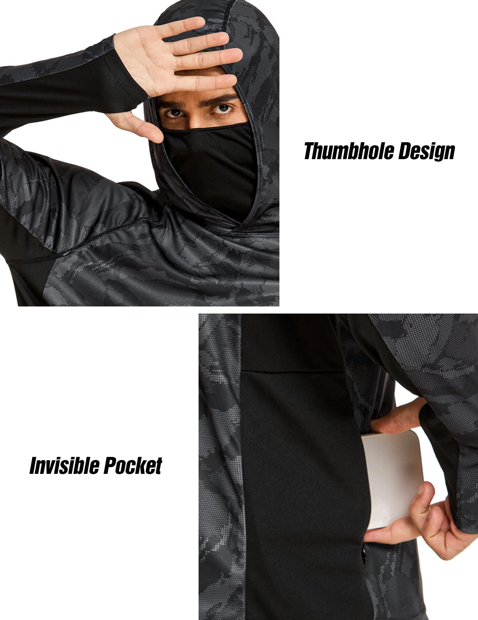 COOrun Mens Fishing Hoodies with Face Mask UPF 50 Long Sleeve Rash Guards Hooded SPF Sun Shirts for Men Camo Hiking Shirt