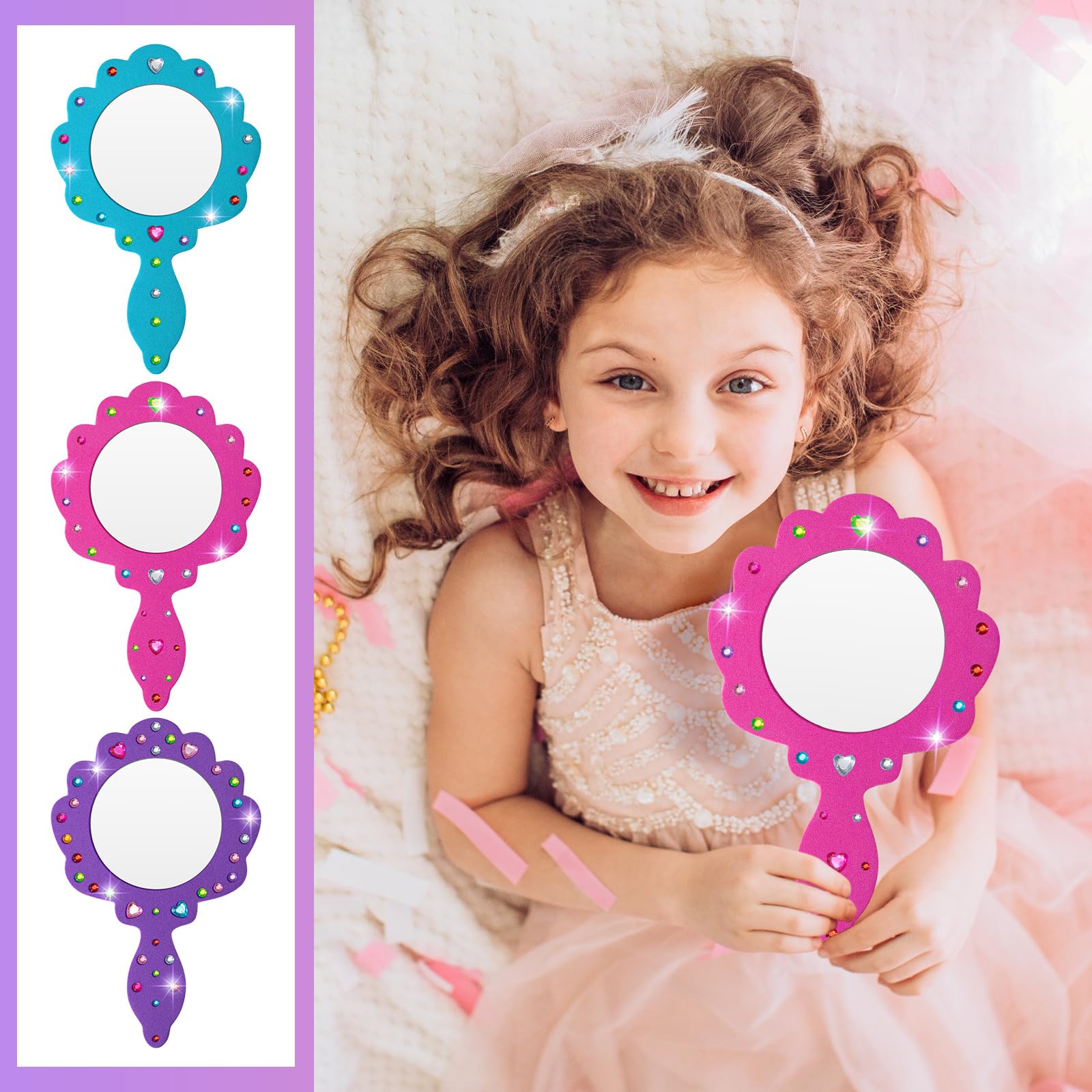 Geetery 20 Pcs Unbreakable Kids Mirror DIY Decorate Your Own Princess Mirror Mermaid Foam Small Crafts Princess Party Decorations(Pink, Purple, Turquoise)