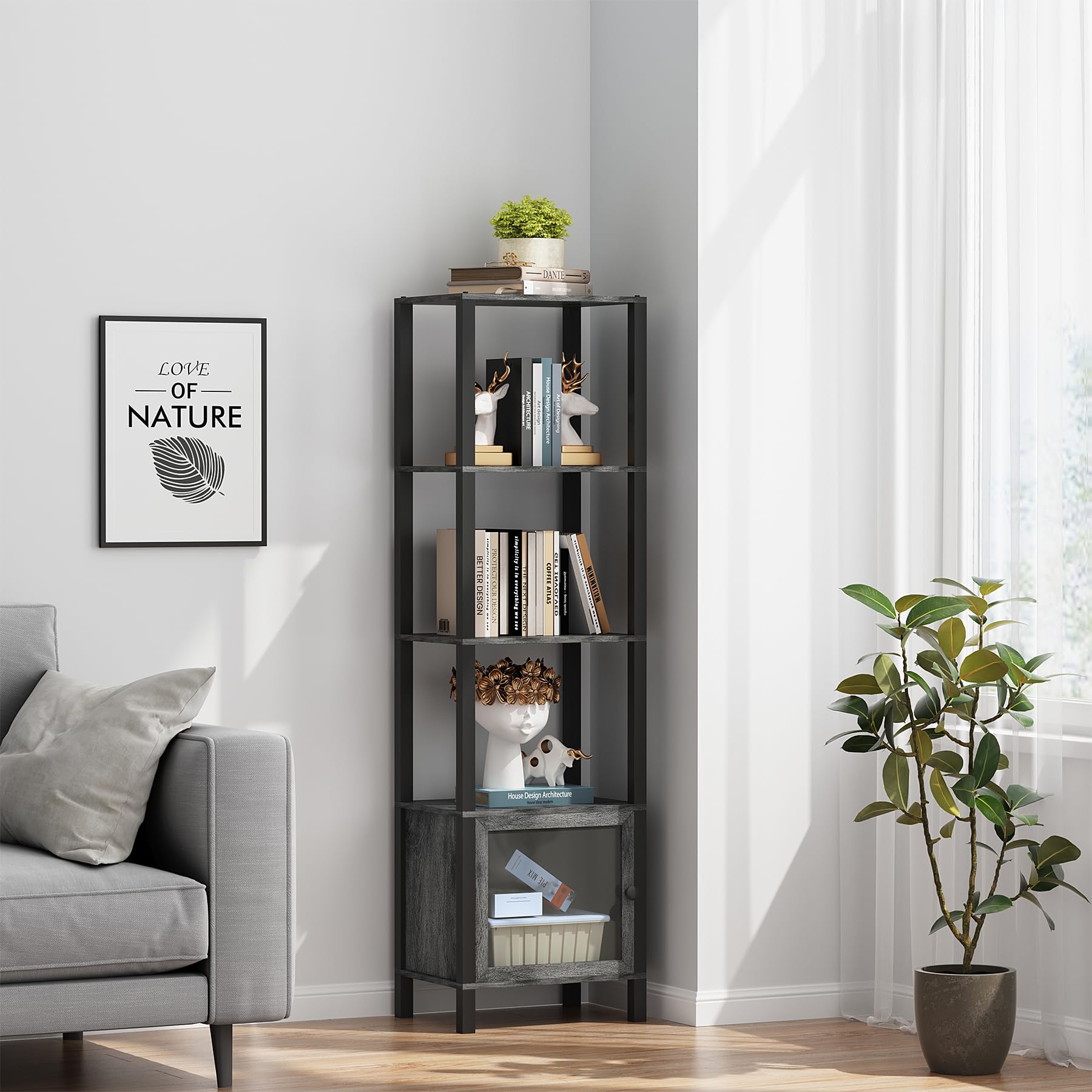 Photo 1 of TUTOTAK 6 Tier Bookcase and Bookshelf, Narrow Book Shelf with Door for Small Space, for Living Room, Office, Study, Entryway, Charcoal Grey BS03BY006