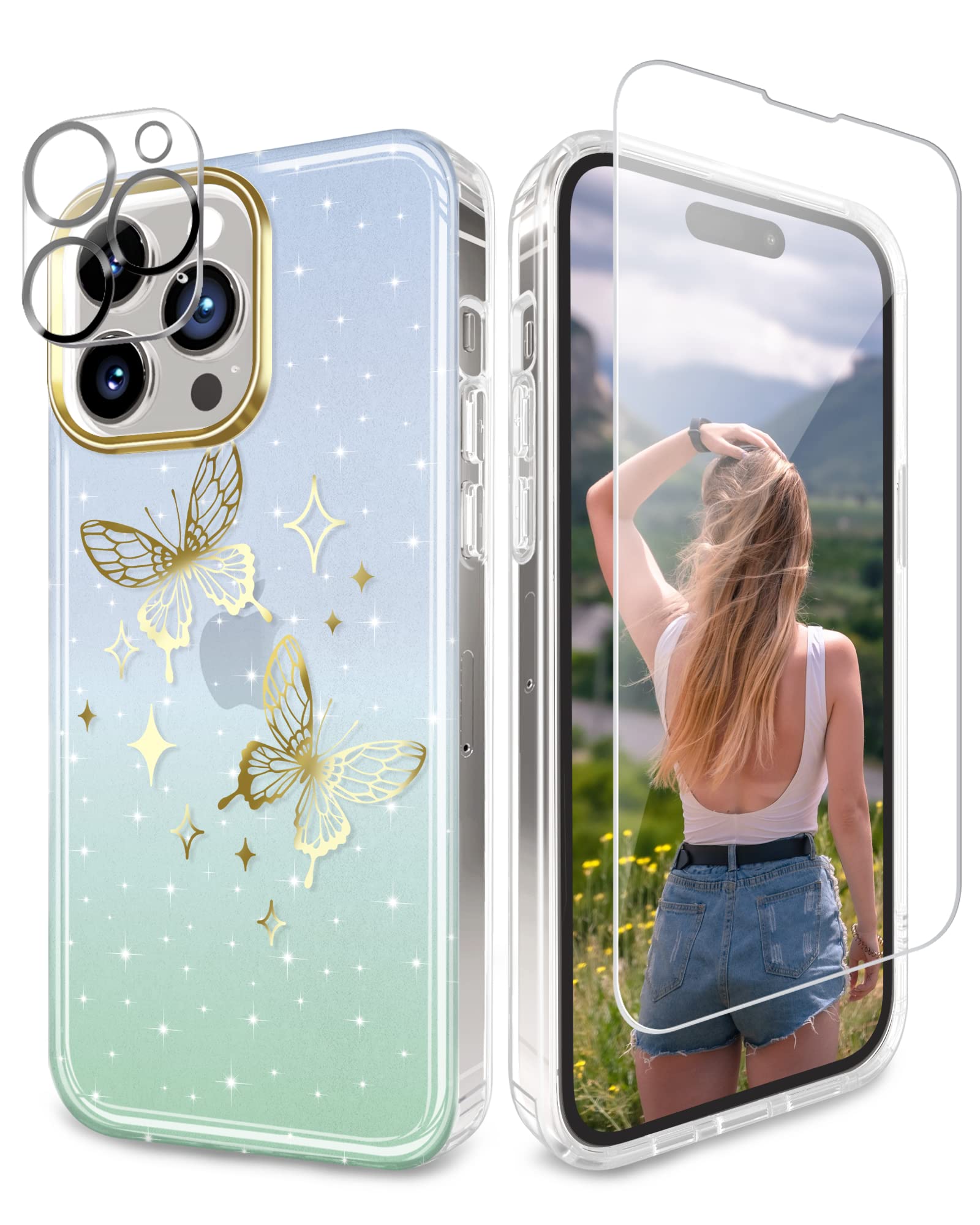 JIAXIUFEN for iPhone 14 Pro Max Case Clear Glitter Plated Butterfly Designed with Screen Protector + Camera Lens Protector Shockproof Protective Women Girl Phone Cover, Sparkle Blue Green