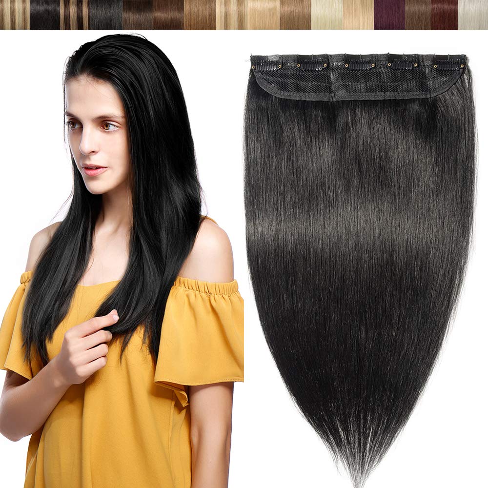 24 inch One Piece Clip in Remy Human Hair Extensions 3/4 Full Head Long Straight Real Natural Hairpieces for Women Invisible (60g,#1 Jet Black) — image 1