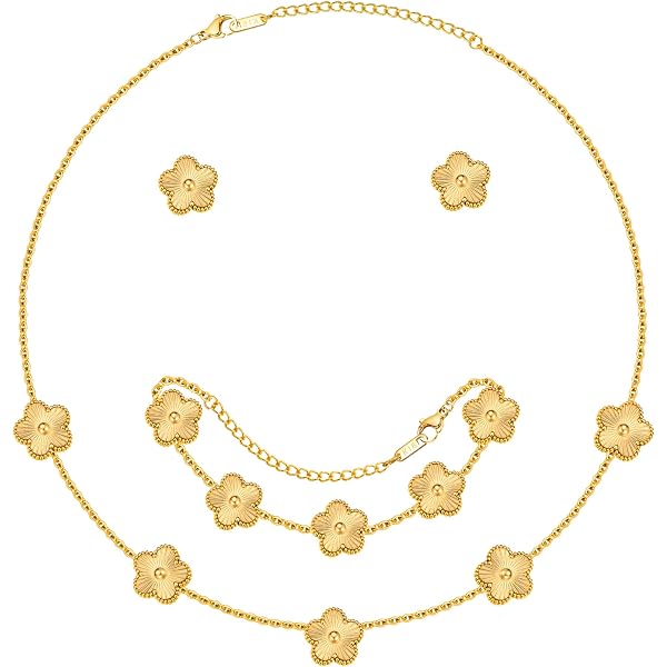 Parure Trèfle Chance Pendentif Bracelet Collier Inoxydable Femme Set Bijoux Trèfle à Quatre Feuilles - Collier, Boucles D'oreilles, Bracelet - Plaqué Or 18k - Acier Inoxydable - Cadeau Femme Plaqué Or 18 Parure Trèfle Chance Pendentif Bracelet Collier Inoxydable Femme Set Bijoux Trèfle à Quatre Feuilles - Collier, Boucles D'oreilles, Bracelet - Plaqué Or 18k - Acier Inoxydable - Cadeau Femme Plaqué Or 18