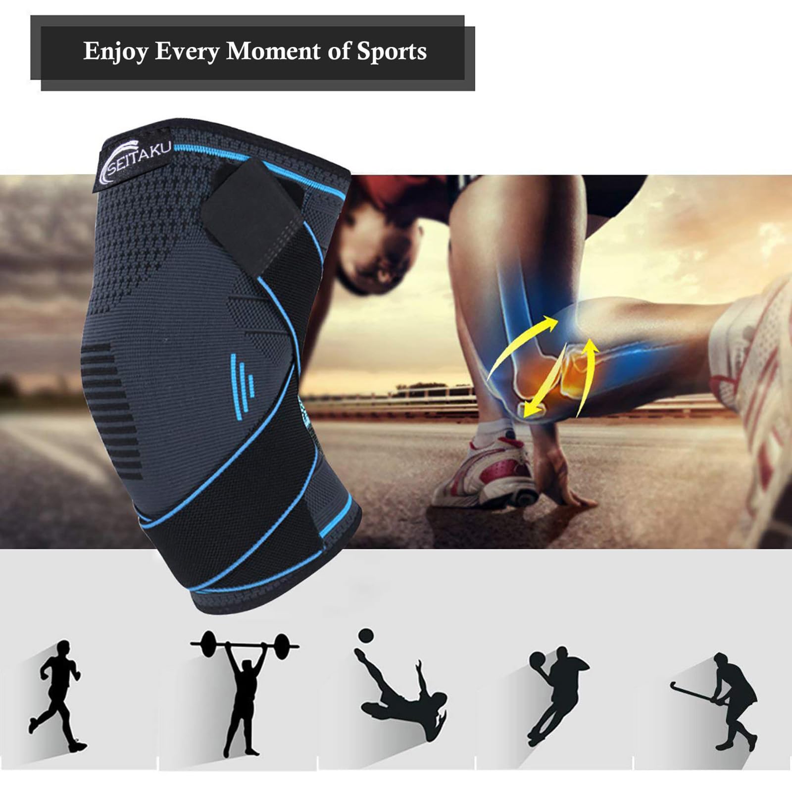 Seitaku Knee Brace Compression Sleeve with Strap: Knee Support Women Men for Running, Basketball, Weightlifting, Gym, Sports, Workout (NavyBlue, Large)