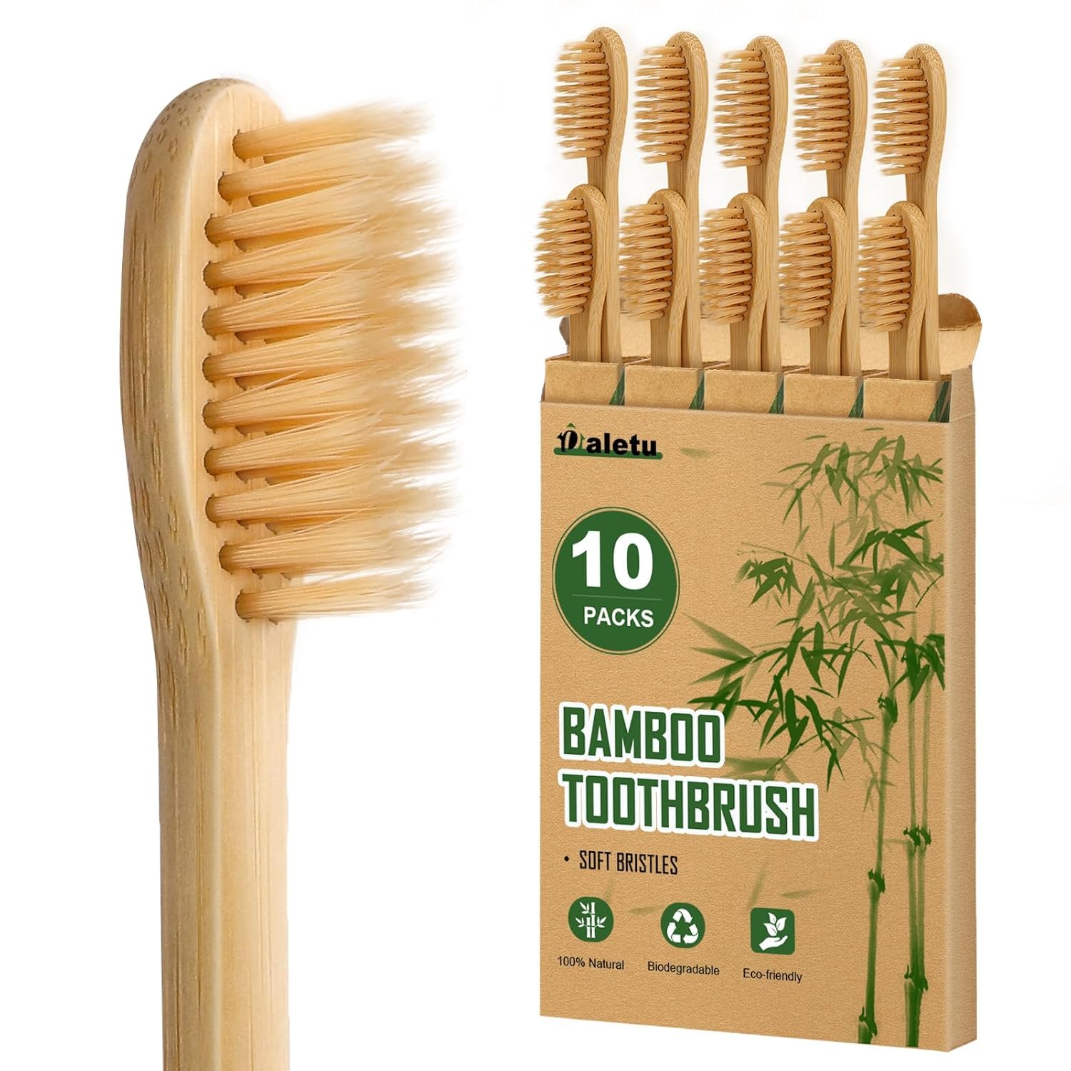 Daletu 10 Pcs Bamboo Toothbrush Soft Bristle, Biodegradable Reusable Bamboo Toothbrushes, Wooden Toothbrushes Organic Natural Eco-Friendly BPA-Free Bristles