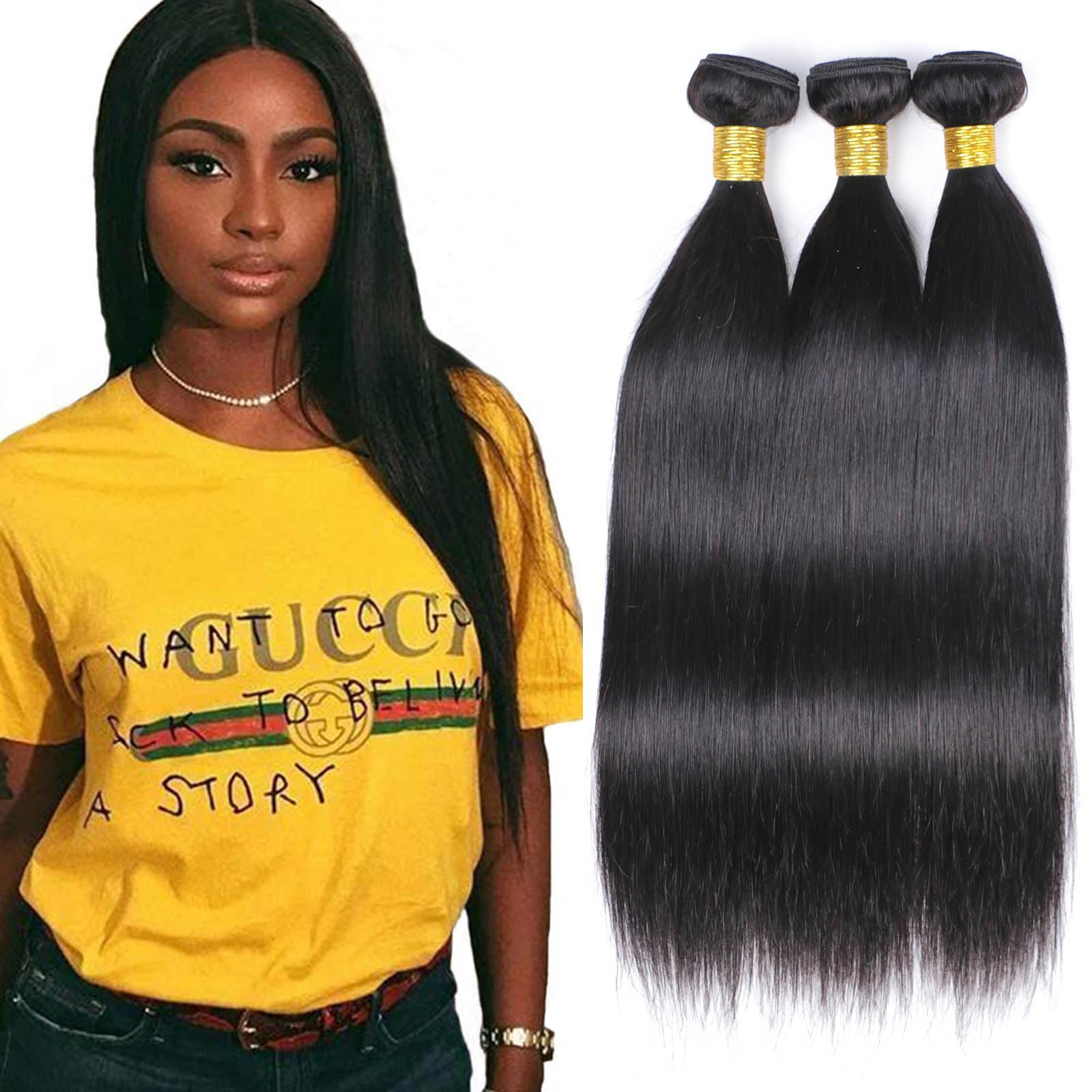 Brazilian Virgin Hair Weave 3 Bundles Silky Straight Hair Unprocessed Remy Human Hair Weaves Extensions Natural Color 22 24 26 Inch — image 1