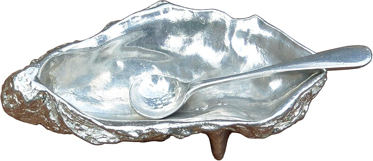 Fine Pewter Oyster Shell Pepper or Salt Bowl and Spoon