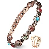 Feraco Pure Copper Bracelets & Rings for Women, Ultra Strength Magnetic Bracelet with 3800 Gauss Magnets & Natural Turquoise & Stones, Adjustable, Jewelry Gift