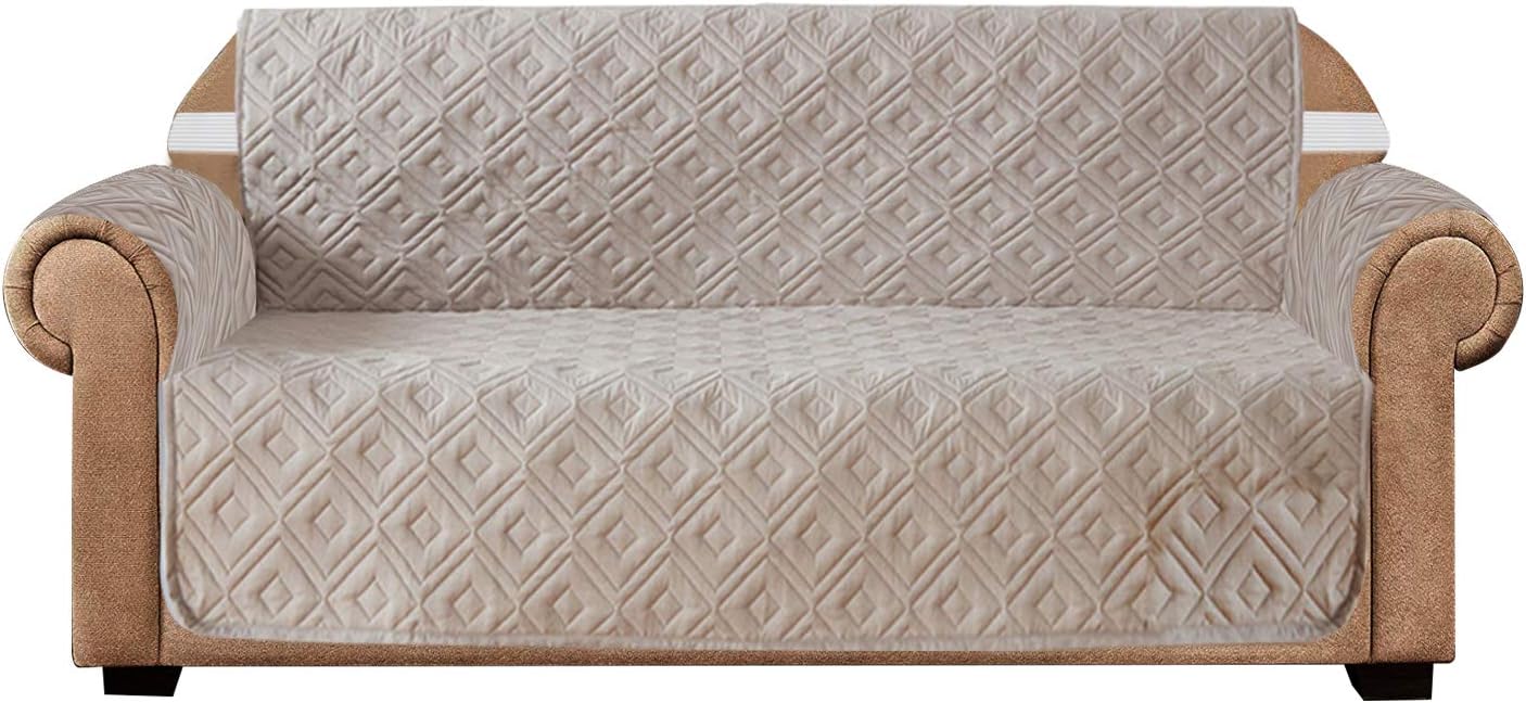 Quilted Sofa Cover 2 Seater with Elastic Straps Waterproof Loveseat Sofa Slipcovers Washable Furniture Protector Couch Covers for Pets (Two Settee, Beige)